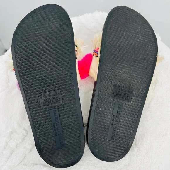 American Eagle Pom Pom Slides Slip On Flats Boho Sandals Shoes Womens Size 8 - Picture 5 of 9